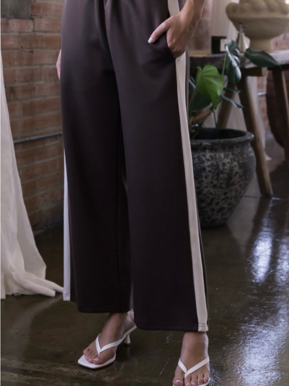 Wide-Leg Track Pants with Side Stripe - Black/White
